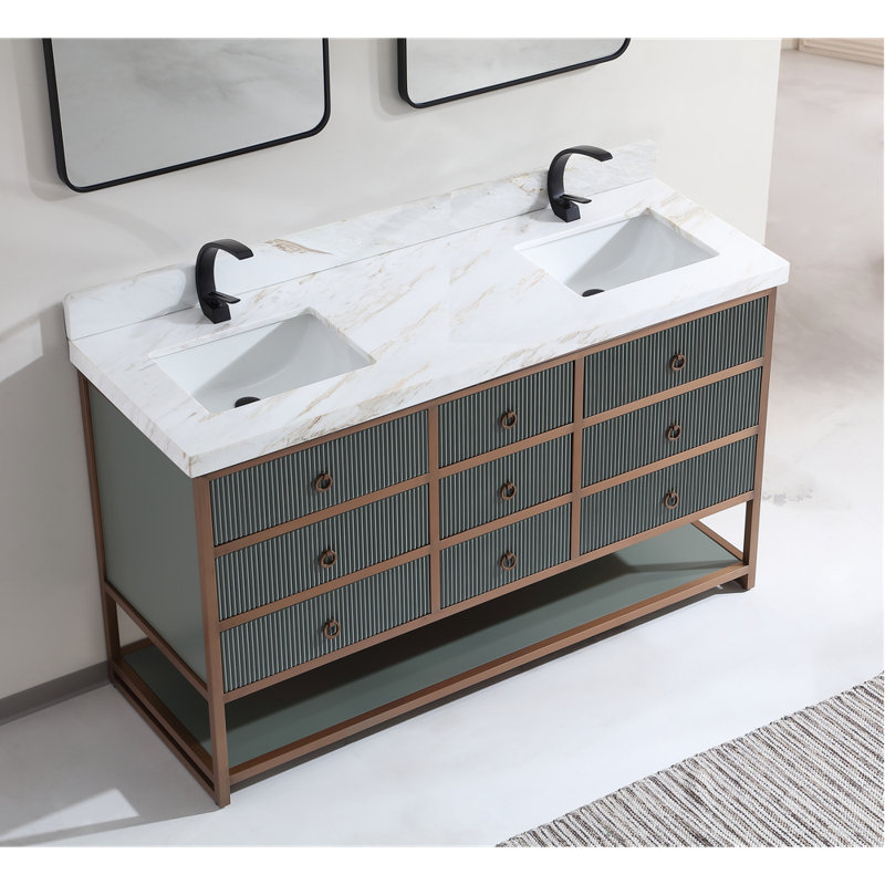 72" Double Vanity With Golden Brush Stainless Steel Frame And Tricorn Black Finish With 2' Thick Black Natual Stone Top, Gray