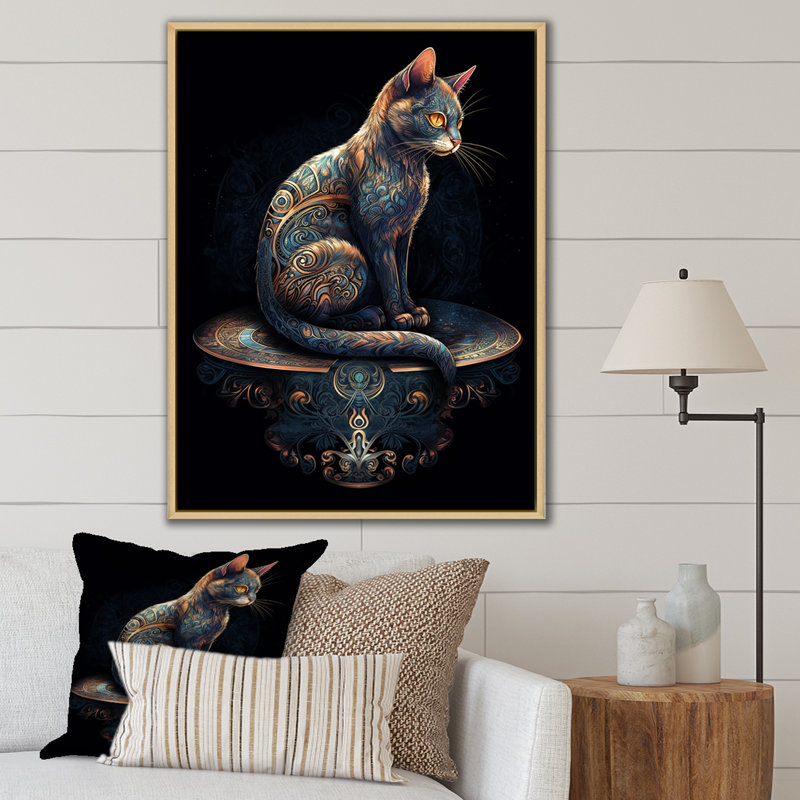 Blue Glamour Retro Gold Cat I - impression, 20" H x 12" W, Cadre naturel flottant