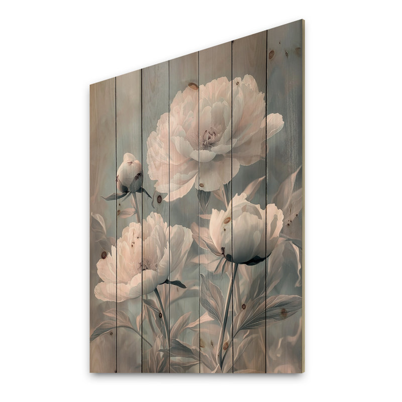 Gray Moonlit Garden - Peonies Wood Wall Art - On Natural Pine Wood, 40" H x 30" W x 0.78" D