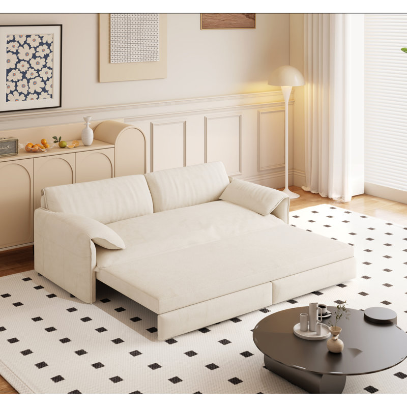 66" Queen Pull Out Sofa Bed, 3-in-1 Convertible Sleeper Sofa Multi-Functional Velvet Loveseat Bed, Beige
