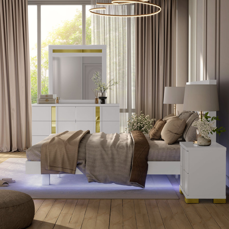 Ensemble de chambre avec lit plateforme 5 pièces Clemson, Blanc, Cinq pièces : Lit, 2 tables de chevet, commode, m, Double