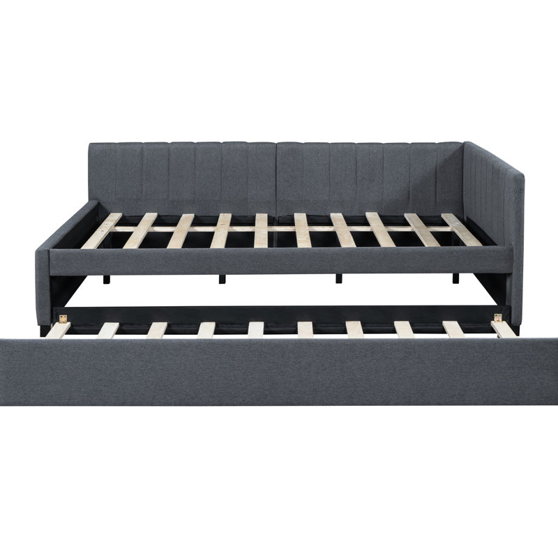 Lit de jour rembourré avec lit gigogne en lin gris, structure de lit robuste, sans sommier tapissier pour un lit gigogne double de taille compacte, structure solide sans