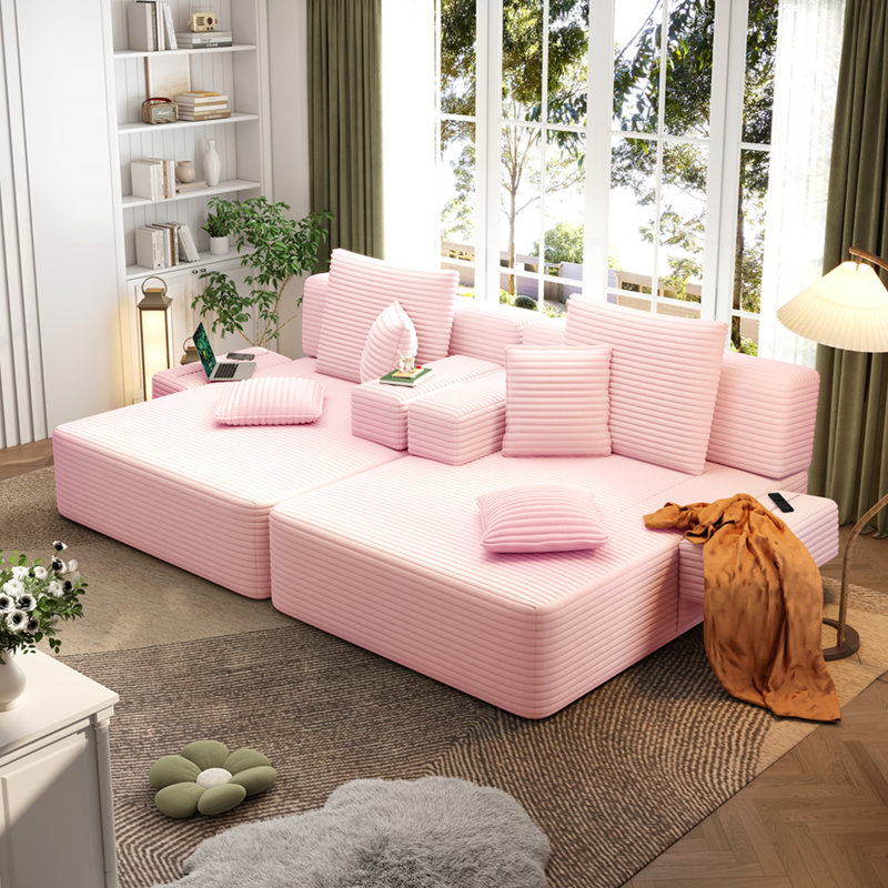 Ensemble 2 pièces surdimensionné de méridienne double, luxueux canapé convertible en velours côtelé moelleux avec 6 coussins et pochette de rangement, pour petits espaces, cinéma maison, salon, rose
