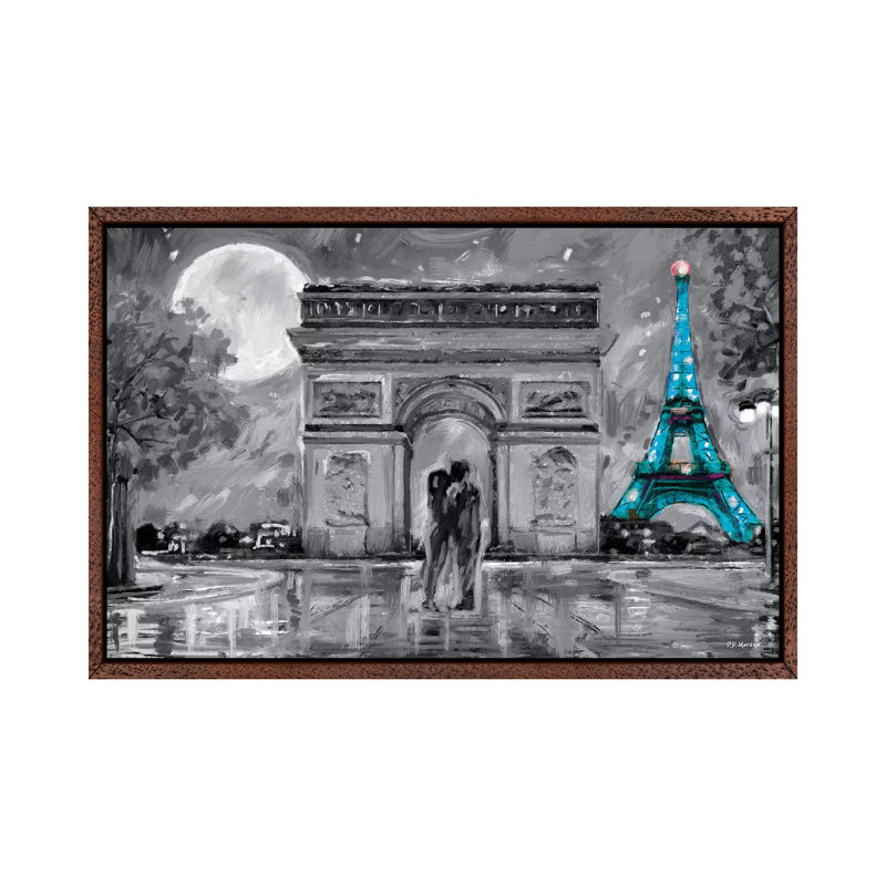 Paris In Love Blue Eiffel Tower by P.D. Moreno - Painting on Canvas, Classic Brown Wood Floater Framed