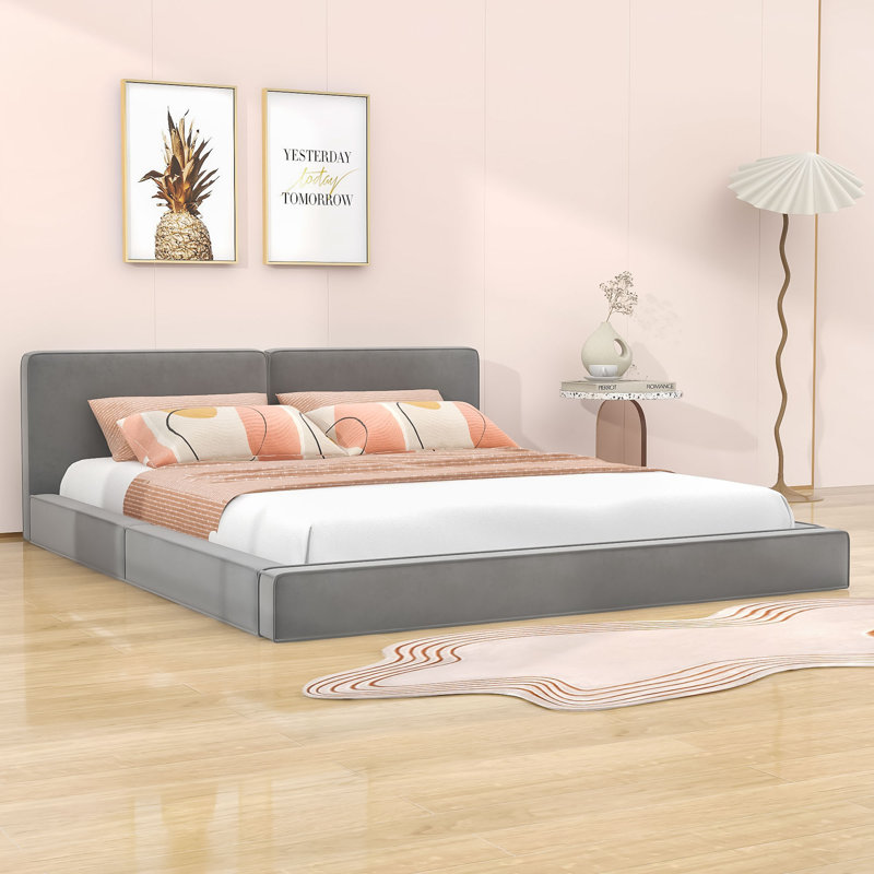Grand lit plateforme tapissier en bois avec tête de lit, gris
