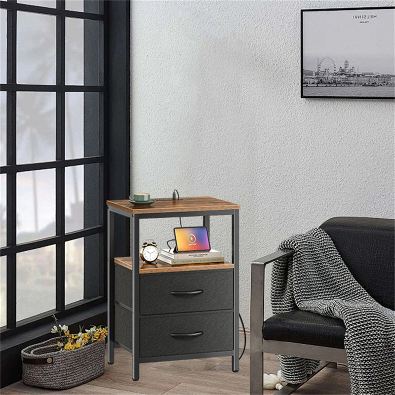 Charging Bedside Table With Drawers, Rustic Brown/Black