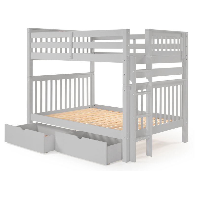 Treva Solid Wood Standard Bunk Beds Full over Full, 4 Step Ladder, 2 Under-Bed Drawers, Gray, Gray, Full over Full