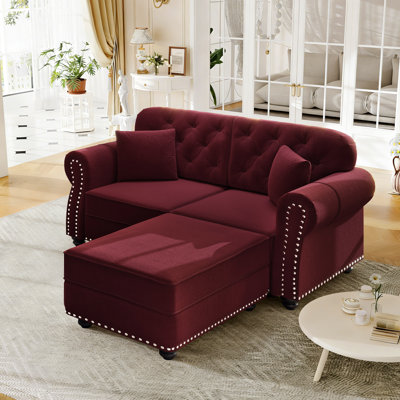 Mid-Century Modern 63" Velvet Upholstered Sofa With Nailhead Trim And Button Tufted, Modern Chesterfield Loveseat With 2 Pillows And Ottoman
