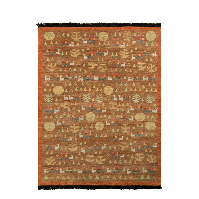 Rug & Kilim’S Swedish Folk Art Rug In Brown With Geometric Pictorials, Rectangle 10' x 14'