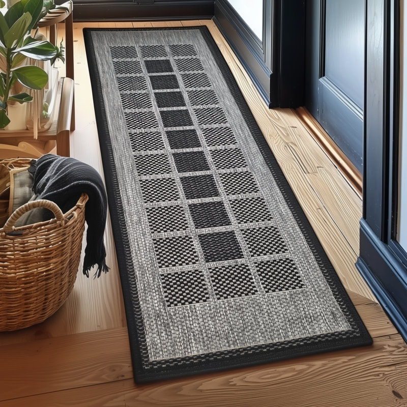 Gere Rug Non Slip Flat Weave Border Check Geometric Kitchen Living Room Carpet, Runner 60 x 180 cm, Grey