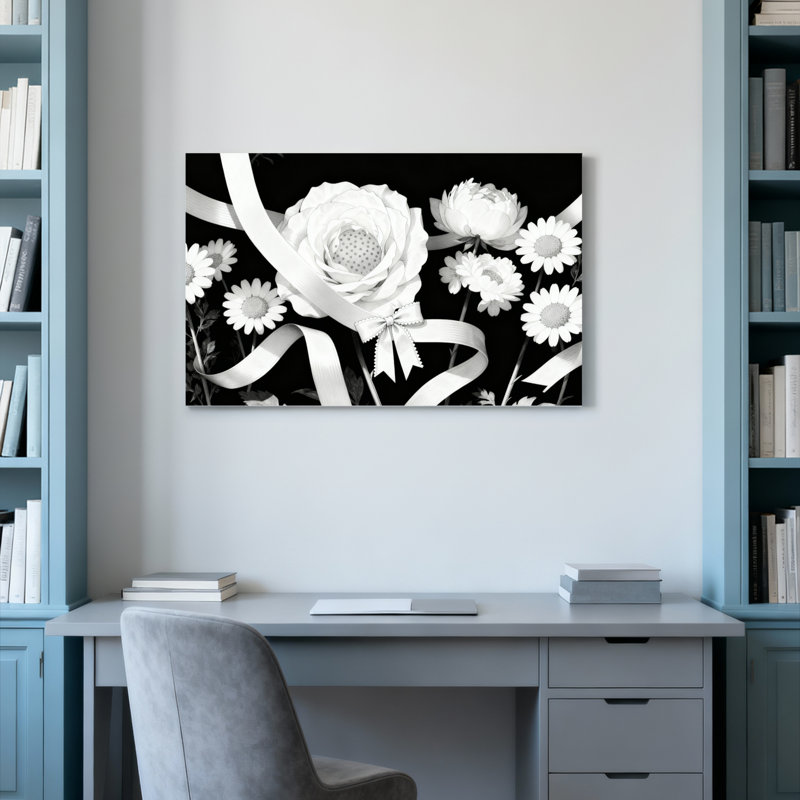 Ensemble de 1 tableau sur toile tendue représentant une rose et une marguerite noires et blanches avec un ruban