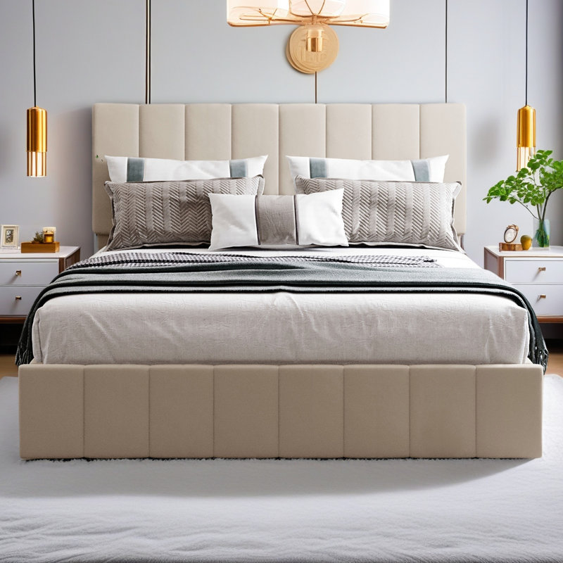 Lit plateforme tapissier avec rangement et tête de lit capitonnée, Plein, Beige