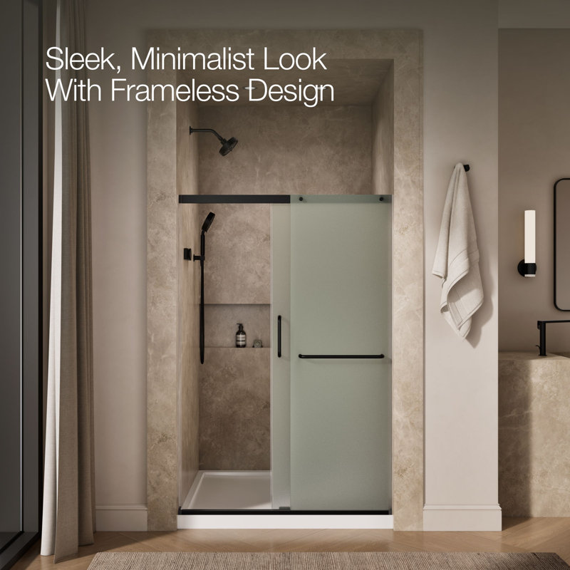 Elate Sliding Shower Door, 70-1/2-In H X 44-1/4 - 47-5/8-In W, With 1/4-In Thick Frosted Glass, Black/Frosted