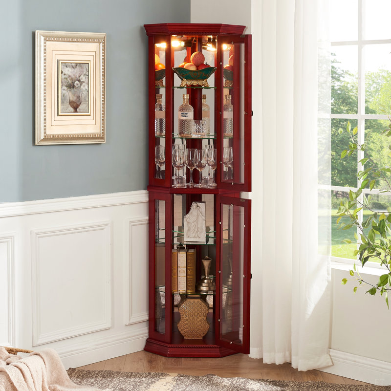 Commode de coin - présentoir en verre avec portes en verre trempé, tablettes réglables et ampoule à perles incluse