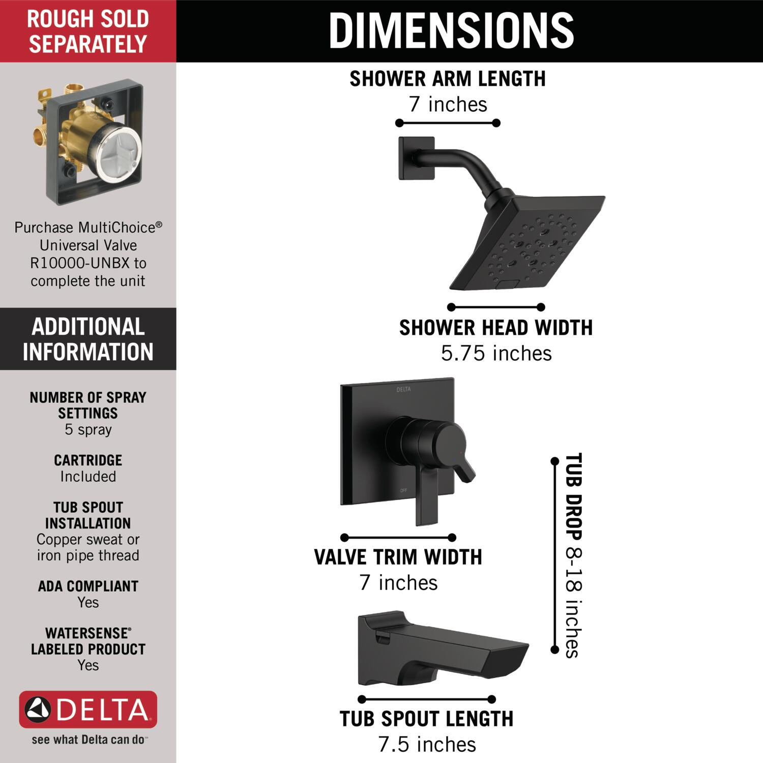 Pivotal® 17 Series Tub and Shower Faucet Trim, Matte Black