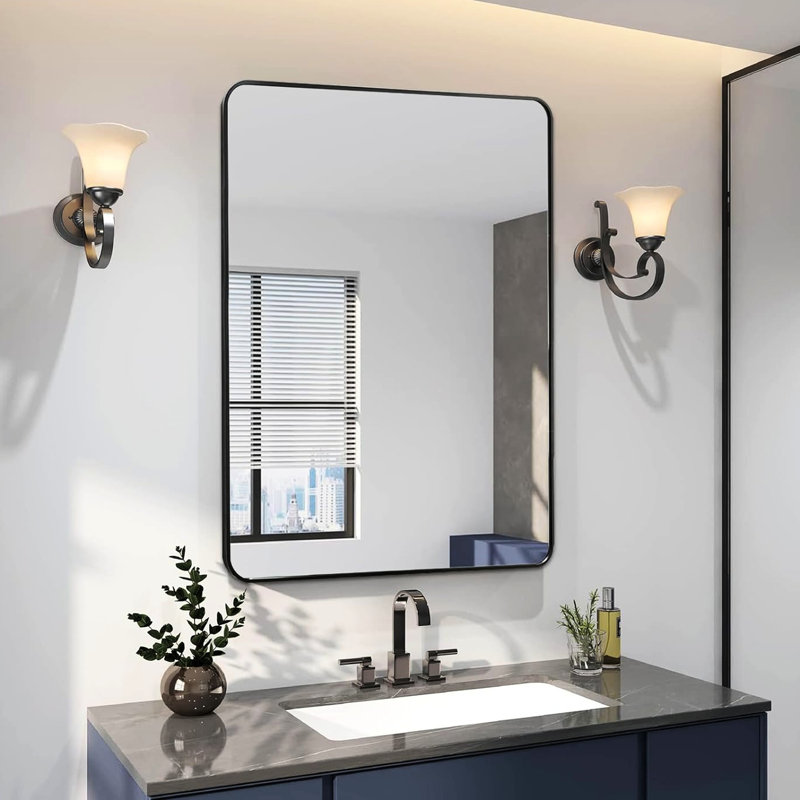 Rectangle 24 po x 36 po, miroir encadré en aluminium noir, mur de salle de bain, verre HD 4 mm non déformé, incassable, cadre d'installation sans effort, aluminium rouille transparent, incassable