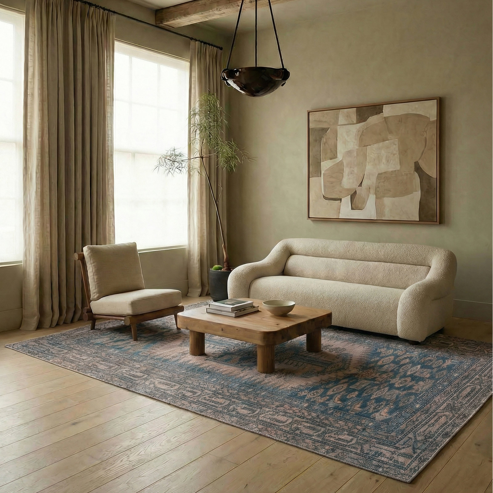 Blue/Brown/Tan Rug, Rectangle 4' x 6'