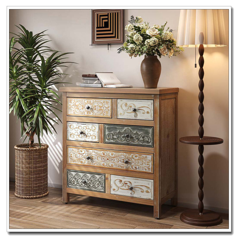 Commode d'appoint en bois avec 6 tiroirs, commode de rangement rustique multicolore sculptée pour chambre à coucher, salon, décor de style maison de campagne