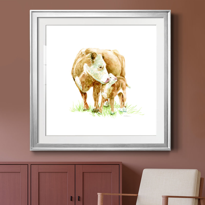 Vache et veau - Peinture encadrée, H 30,5 po x l 30,5 po x P 1,5 po, Encadrement argenté