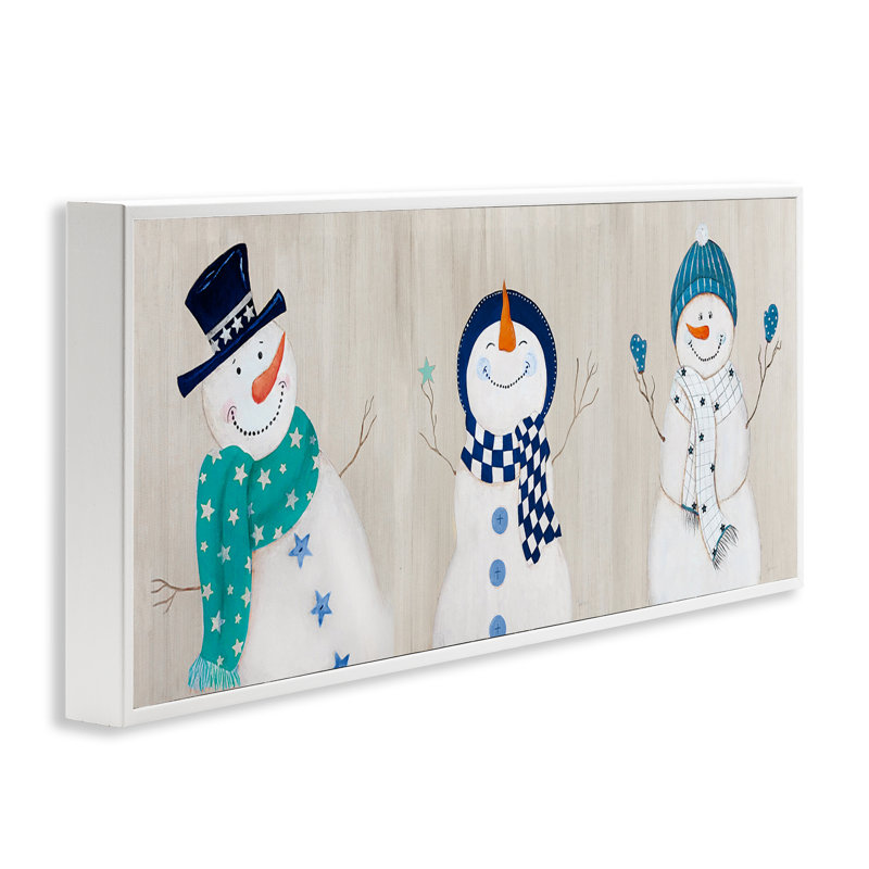 «Happy Snowman Trio», art mural sur toile par Janet Tava, Giclée encadrée blanc bord de mer, H 13 po x l 30 po