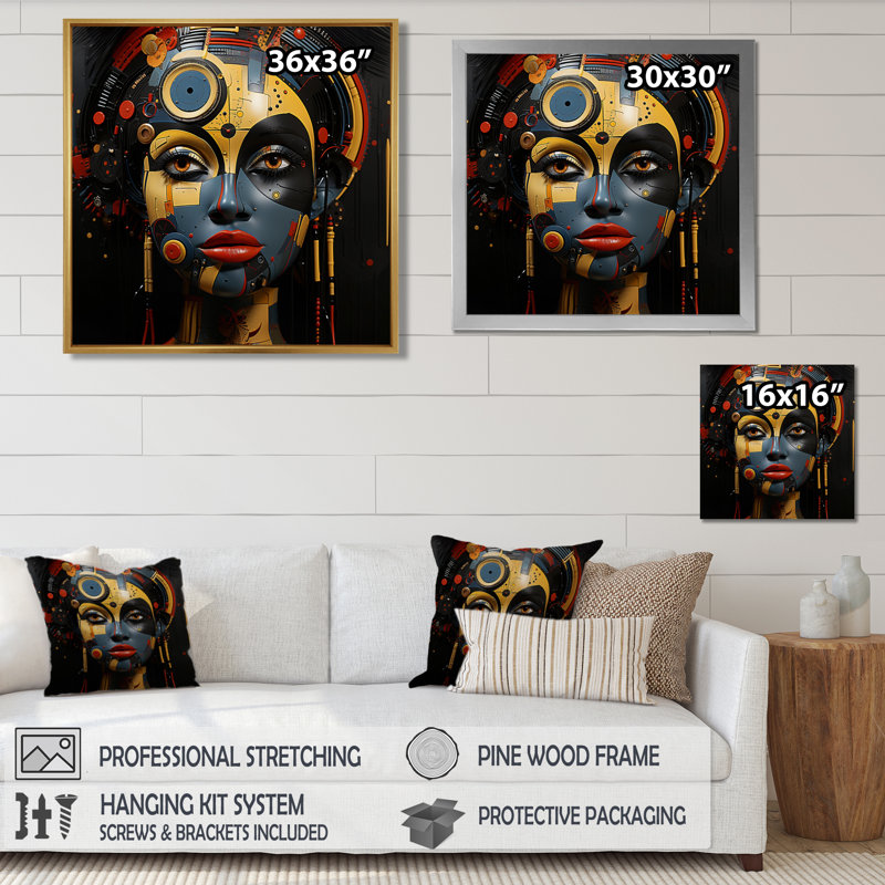 «Modern Sub-Saharan Beauty I», art géométrique moderne africain, Cadre flottant doré, H 16 po x l 16 po x P 1 po