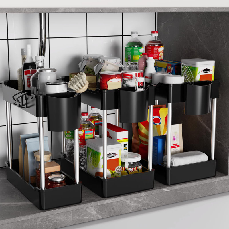 Sous-évier, ensemble de 3 armoires coulissantes à 2 niveaux avec tasses suspendues, tablette de rangement réglable pour armoires de cuisine et de salle de bain