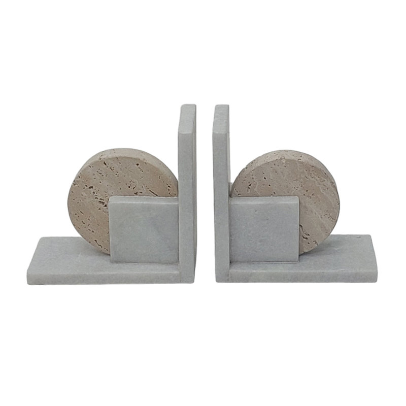 Geometric 6" Travertine & Marble Bookends Set