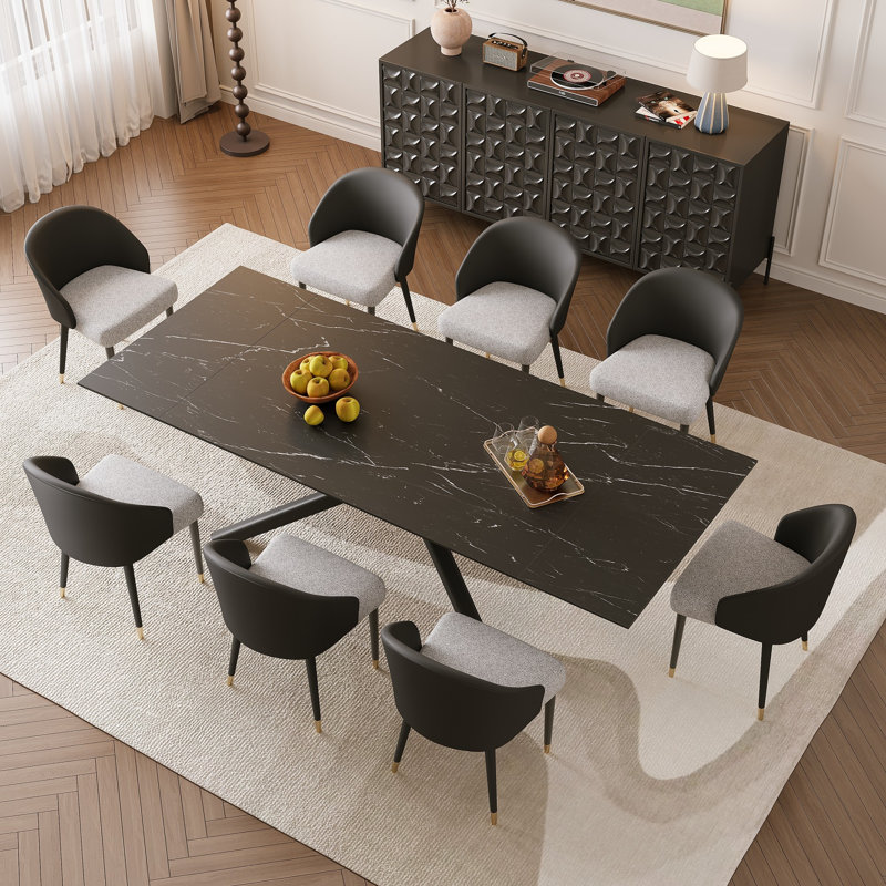 Ensemble de table de salle à manger 9 pièces Mahjabin, Noir, Noir/gris