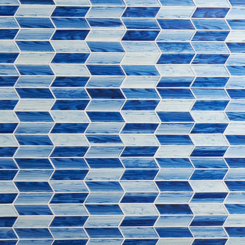 Maya 2x7 Chevron Polished Glass Mosaic Tile, Chevron Azur