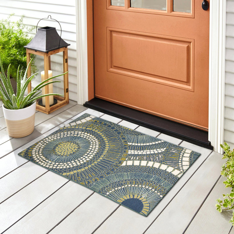 Lygia Abstract Synthetic Non-Skid Kitchen Mat, Rectangle 2' x 2'10", Navy/White/Blue