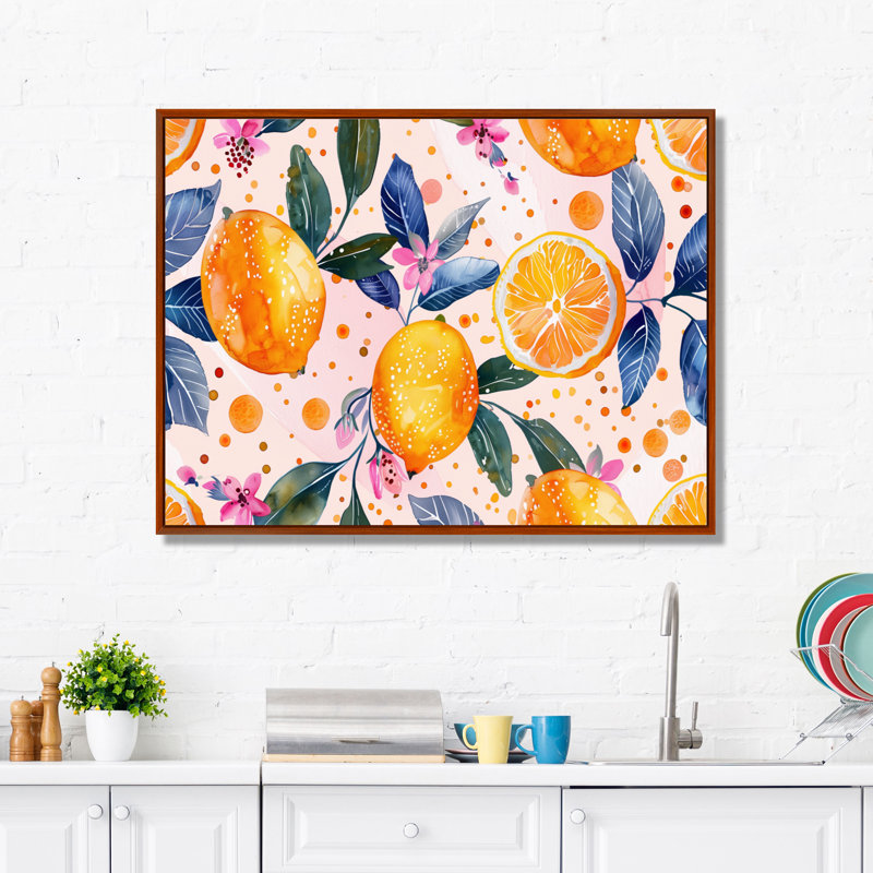 Jaune, jaune, floral, orange, arbres II - fruits, art mural, salon, Cadre flottant brun, H 34 po x l 44 po x P 1,5 po