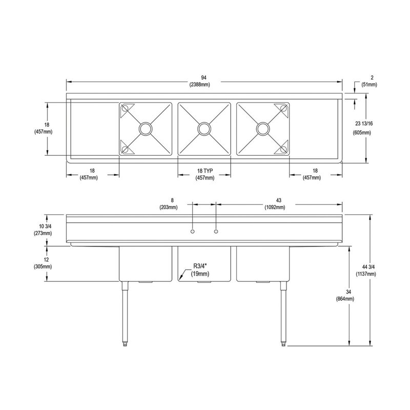Évier de service autoportant L 94 po x l 23,81 po Dependabilt