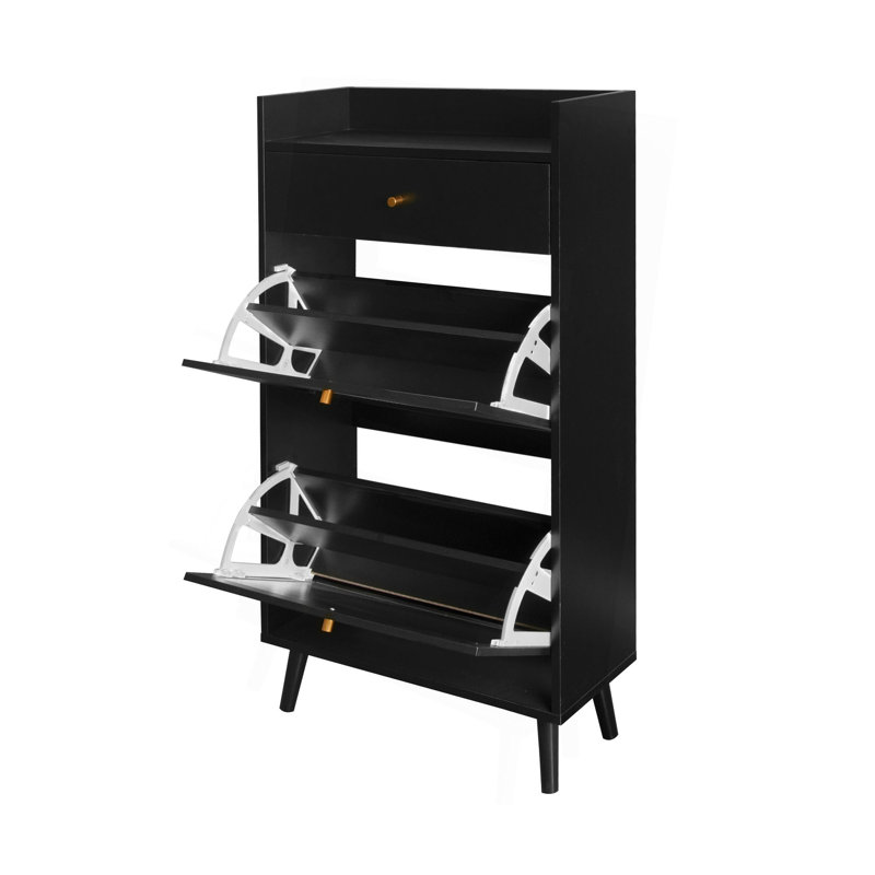 Rattan 2-door Shoe Cabinet With Drawer – Double Layer Entryway Organizer With Pine Wood Legs, Black
