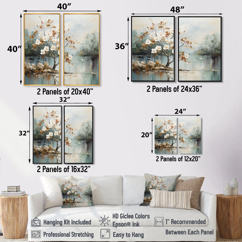 Art japonais sur toile, "Japanese River Forest", 40" H x 40" W, Impression encadrée flottante, Gold