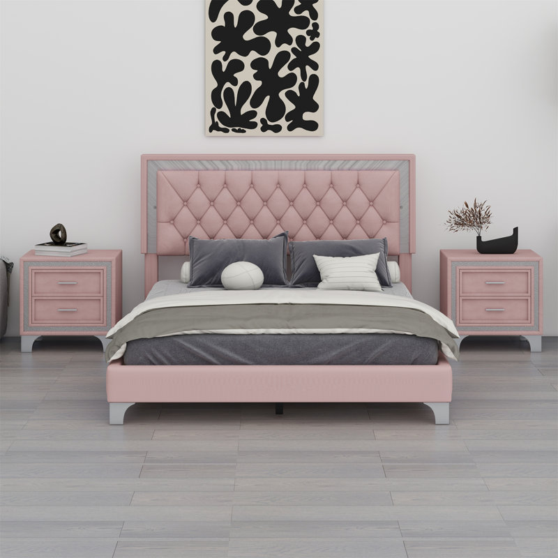 Ensemble de chambre à coucher 3 pièces, lit plateforme tapissier avec lumières DEL et deux tables de chevet, Rose
