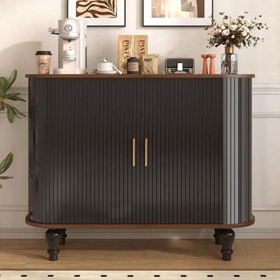 Armoire-bar cannelée de 39 po avec 6 casiers à vin et 3 porte-verres, armoire de bar Mid-Century moderne avec un grand tiroir de rangement, 4 espaces de rangement cachés sur le côté, noir