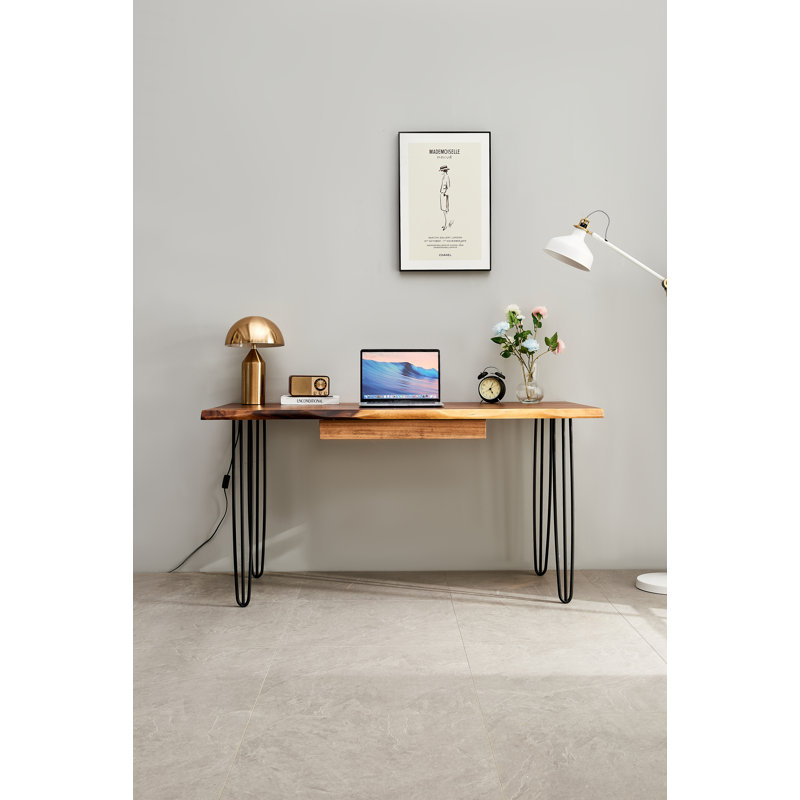  Live Edge Desk with Hairpin Legs and South American Walnut, Live Edge Desk with Drawer Storage, 29.5" H x 34" W x 20" D