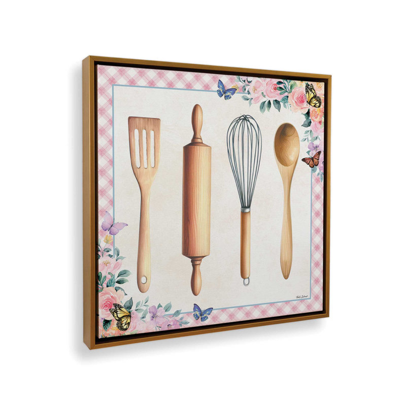 «In the Kitchen Tools» par Nicole DeCamp, reproduction d'art, H 21,5 po x l 21,5 po, Doré, Toile avec cadre