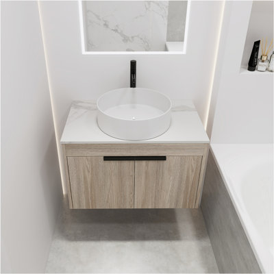 Ensemble de meuble-lavabo moderne 30 po avec lavabo en céramique, meuble-lavabo mural en chêne blanc avec porte à fermeture douce