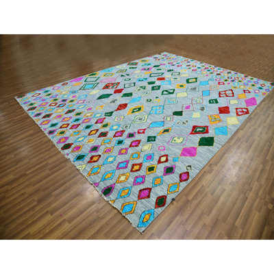 10'2" x 14'0" Cloud Gray with Colorful Oushak Weave Hand Knotted Pure Wool Rug