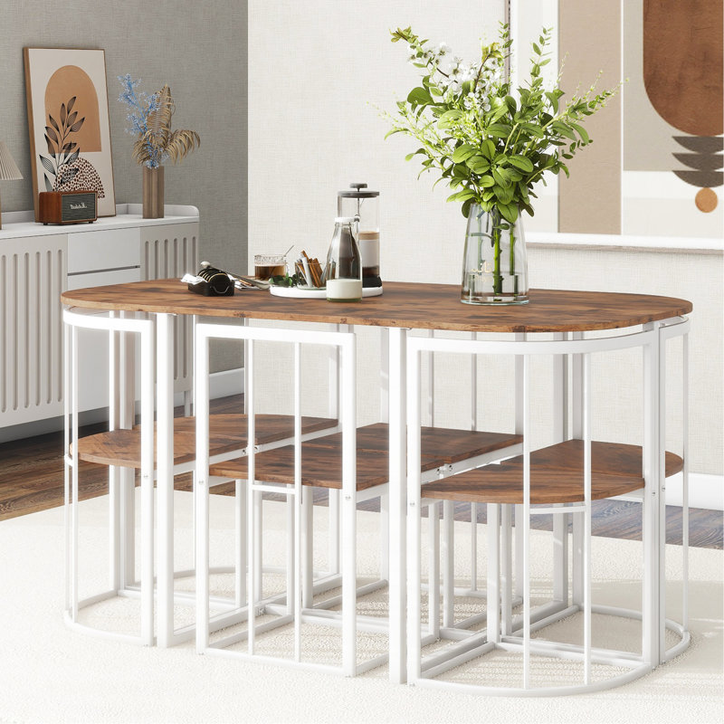 Modern 7-Piece Dining Table Set With Faux Marble Compact 55Inch Kitchen Table Set For 6, White+Cherry