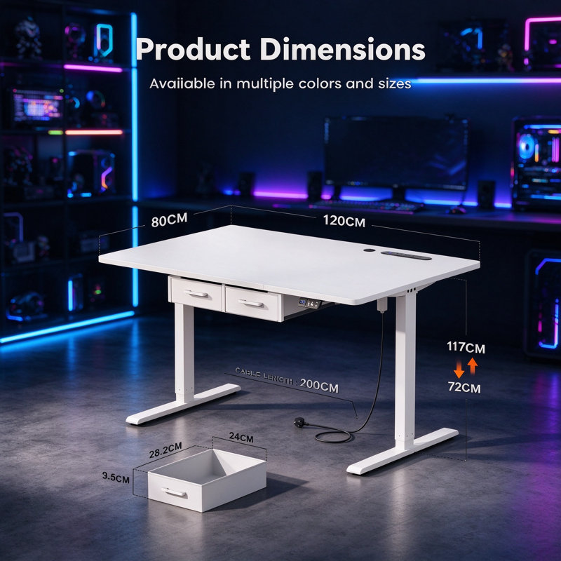 Electric Height-Adjustable Standing Desk with Built-In Power Outlets, USB Charging Station, Fabric Storage Drawer, 2 Memory Presets, Steel Frame Sit-Stand Computer Desk for Home Office