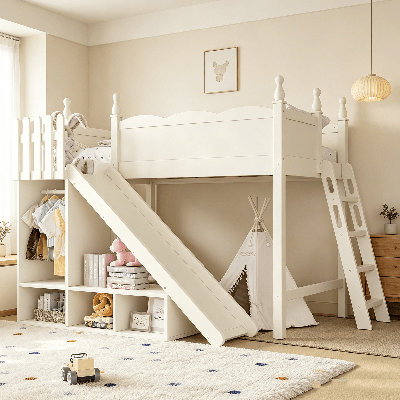 Lit mezzanine pour enfants, lit mezzanine avec garde-corps multi-tablettes et garde-robe, lits mezzanine en bois massif avec glissières et échelles détachables, aucun sommier nécessaire, lit mezzanine pour tout-petit