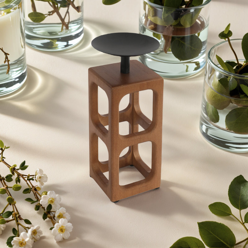 Hollow Square Hole Design Pillar Candle Holder, Brown, 9.25" H x 4.25" W x 4.25" D