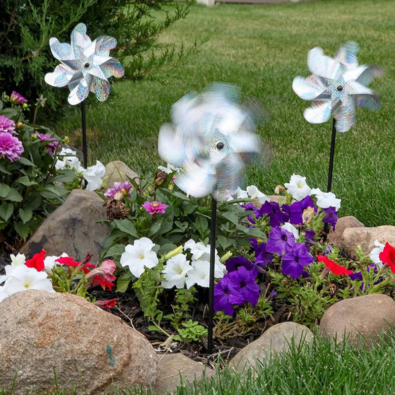 Moulin à vent, décorations de jardin anti-oiseaux, vent coloré, décoration extérieure, bricolage réfléchissant, moulin à vent, décoration de jardin, argent
