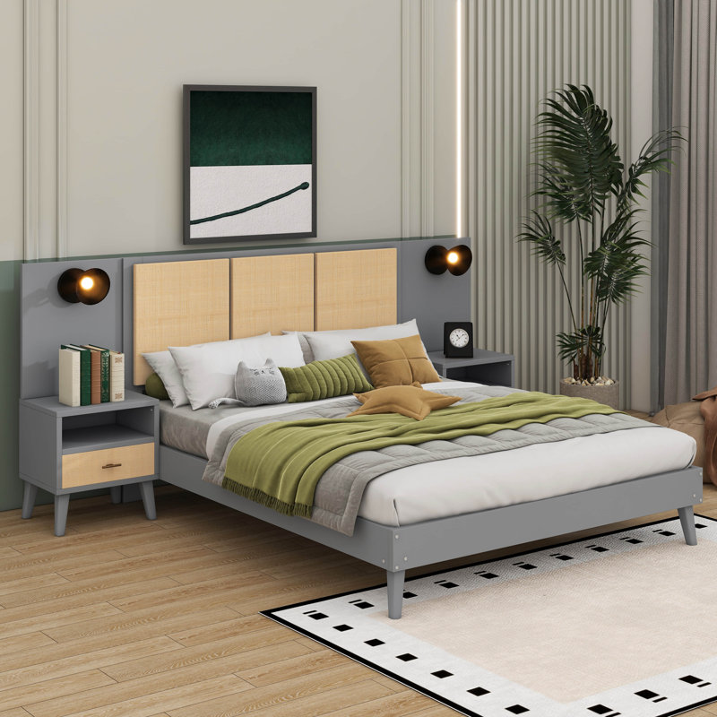 Structure de lit grand en bois massif avec 2 tables de chevet, gris