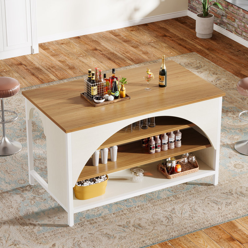 3-tier Home Bar Table With Storage, 55" Modern Counter Height Pub Table For Kitchen Living Room Bistro, Brown/White
