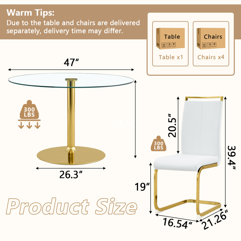 5 - Piece Pedestal Dining Set, 29.5"H x 47"L x 47"W, White