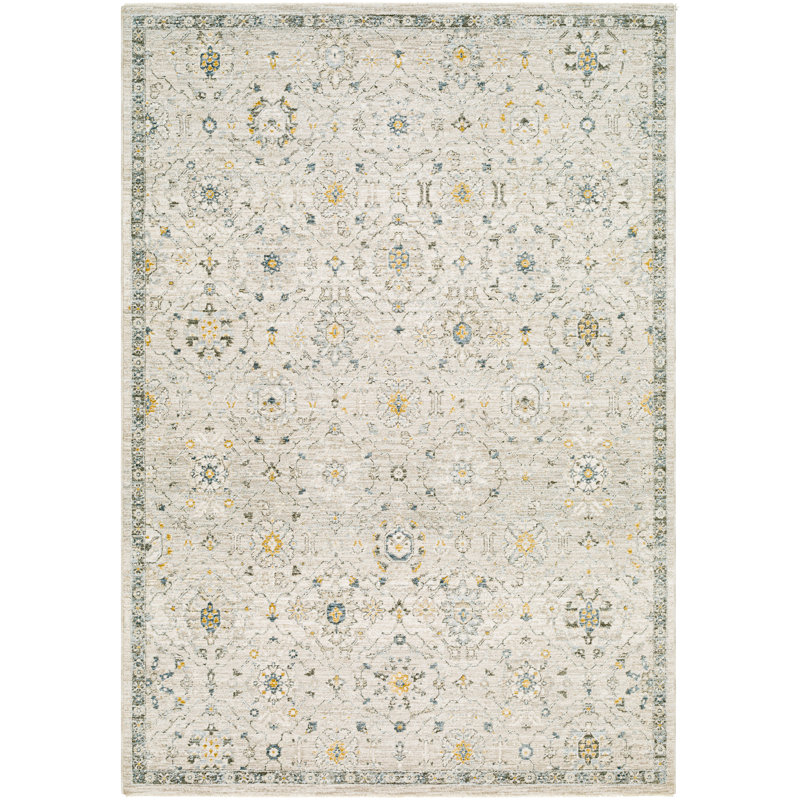 Tapis oriental en polyester tissé à la machine Elsadora en beige / jaune / bleu, Rectangle 2 pi 7 po x 4 pi