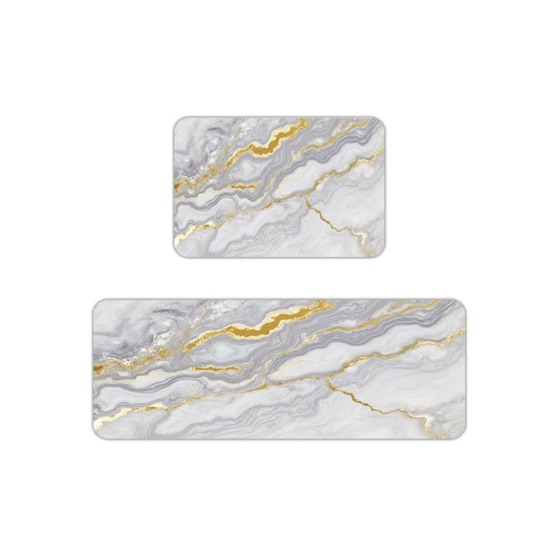 Ensemble de tapis de cuisine en marbre gris et or blanc 2 pièces, tapis de sol pour la salle de bain et la cuisine